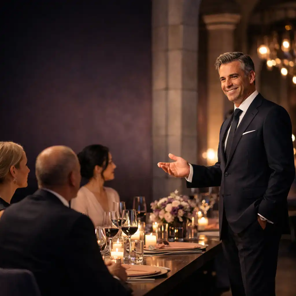 Host begrüßt Gäste in einer elegant beleuchteten Abendlocation