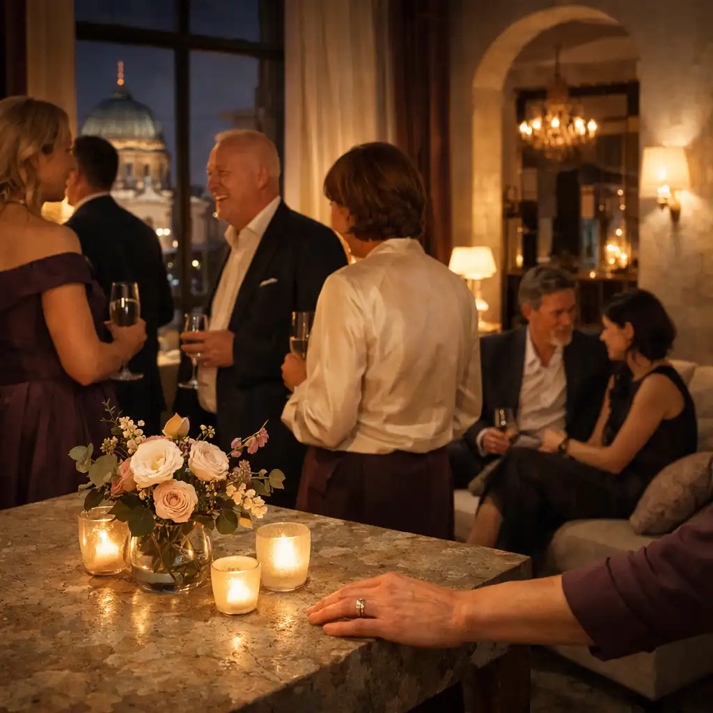Gäste bei einer eleganten privaten Abendfeier in einem Berliner Innenraum