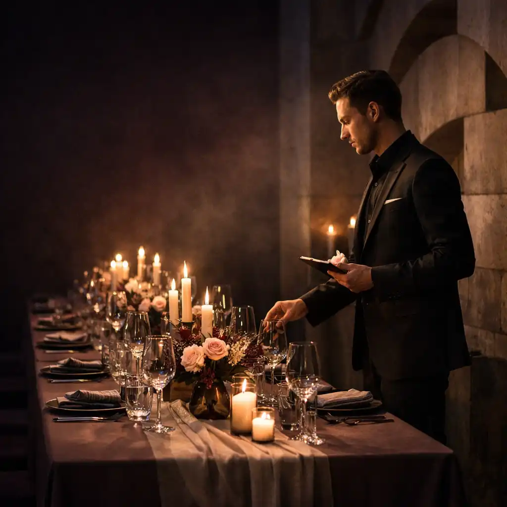 Host-Person bereitet in einem eleganten Berliner Innenraum eine lange Abendtafel vor.
