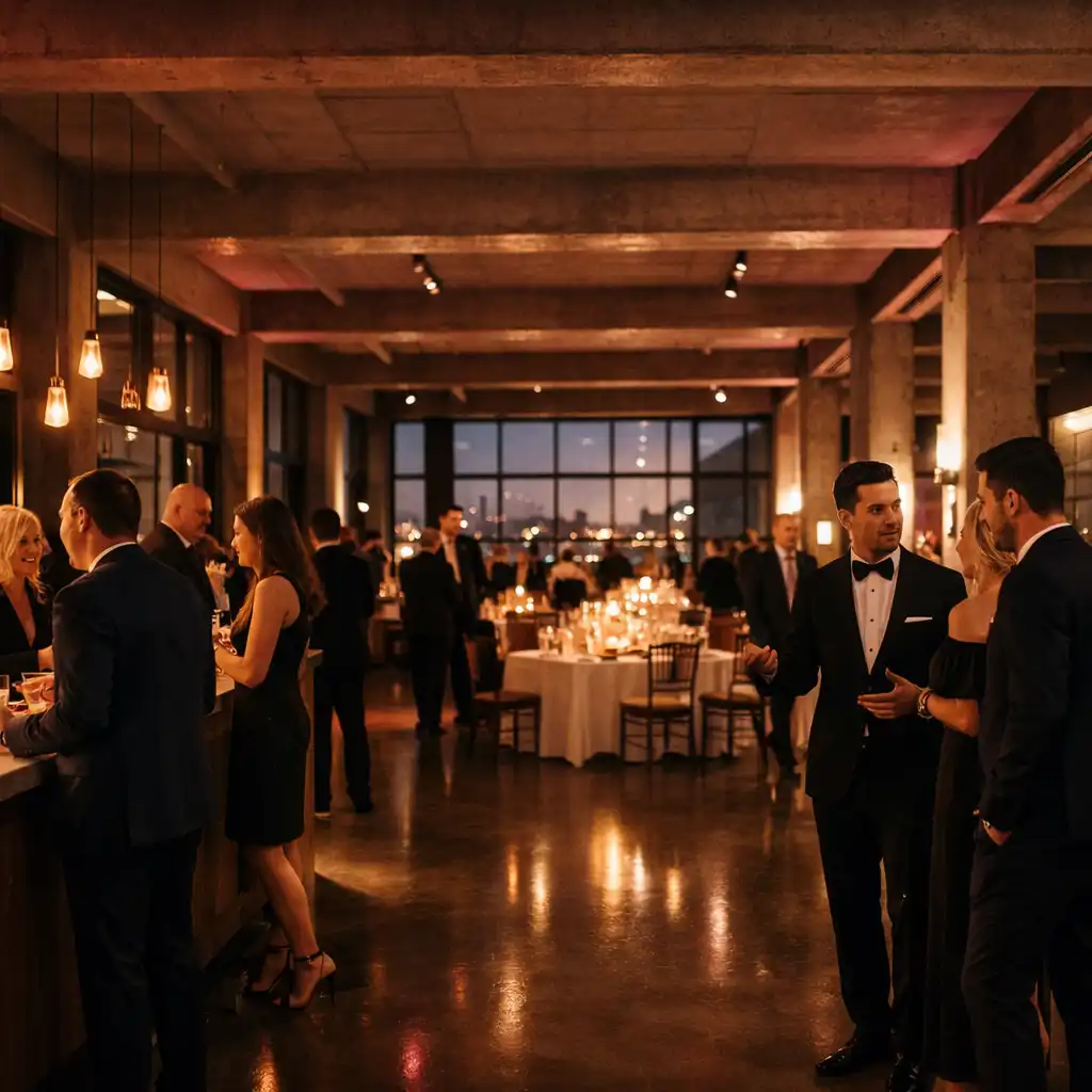 Weite Abendaufnahme eines Corporate Events in einem offenen Loft mit Gesprächsgruppen und Tischstationen