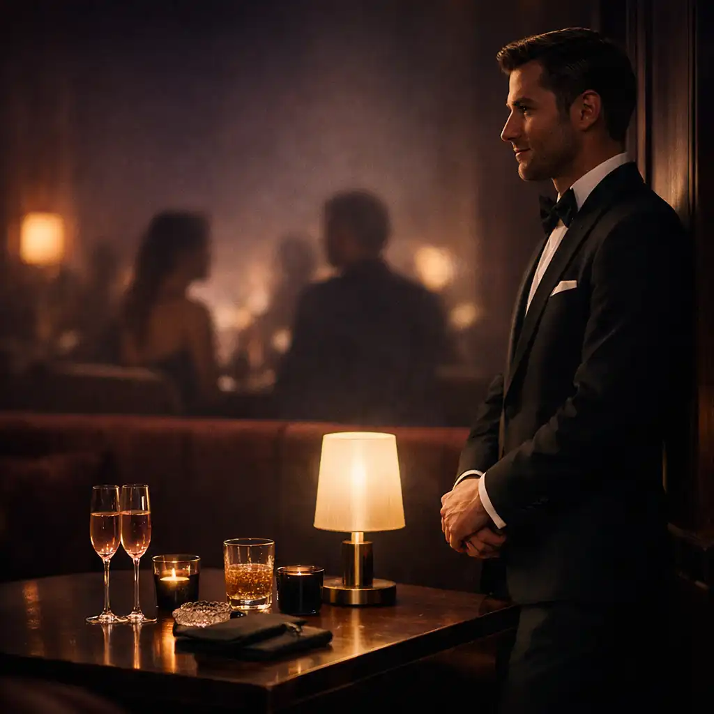 Host an einem sorgfältig beleuchteten Tisch in einer dunklen eleganten Lounge